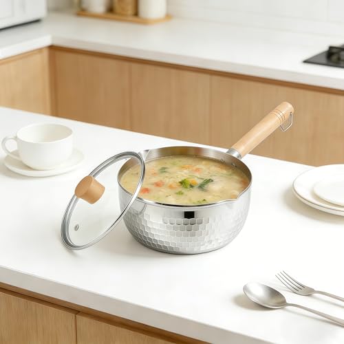2 Quart Sauce Pan with Lid, Stainless Steel Saucepan with Dual Pour Spouts, Small Sauce Pot with Cool-Touch Wood Handle