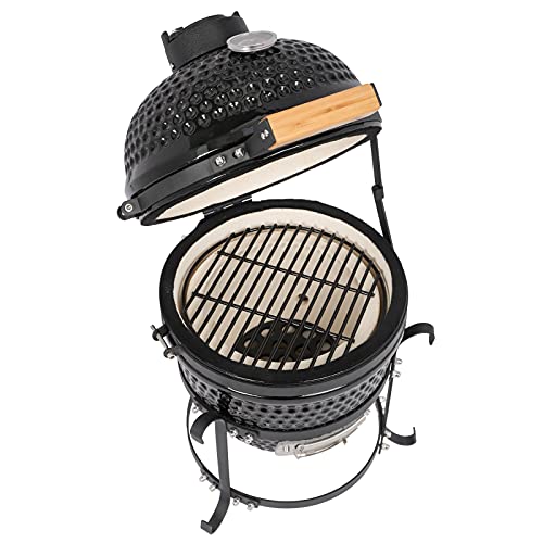 13" Portable Round Ceramic Charcoal Grill,Outdoor Barbecue Smoker,Heavy Duty Outdoor BBQ Grill,Vertical Camping Barbecue Grill,with Built-in Thermometer,for Garden Patio Beach Backyard (Black)