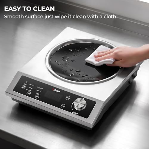 TERUISI Commercial Induction Cooktop, 1800W Electric Wok Cooker with Concave Surface, 4H Timer, 6 Preset, 8 Temp Levels, Portable Induction Burner for Kitchen Cooking, 12.6" Carbon Steel Wok Included