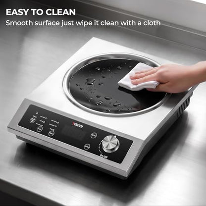 TERUISI Commercial Induction Cooktop, 1800W Electric Wok Cooker with Concave Surface, 4H Timer, 6 Preset, 8 Temp Levels, Portable Induction Burner for Kitchen Cooking, 12.6" Carbon Steel Wok Included