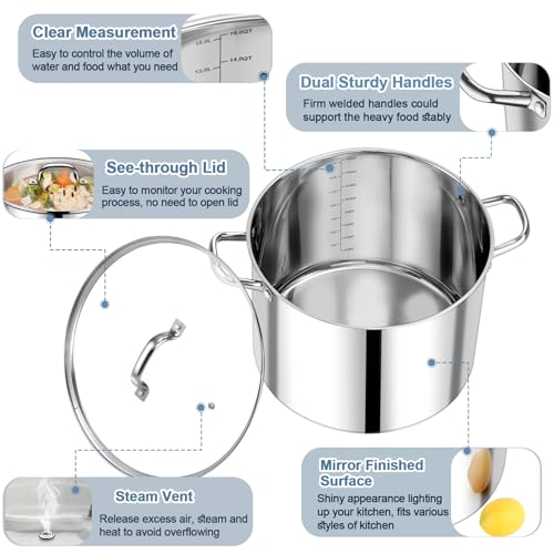 P&P CHEF 16 QT Stock Pot with Lid, Stainless Steel Large Cooking Pot, Soup Canning Stockpot for Stewing Simmering, Tri-ply Bottom for All Stoves, Heavy-Duty &Dishwasher Safe & Food-Grade