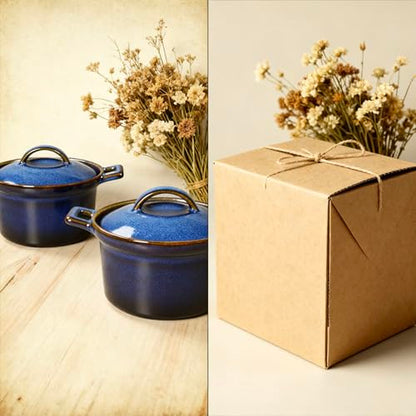 dingdaer Mini Cocotte Set, Small Casserole Dishes with Lids & Handle, 16.9 OZ Ceramic Mini Dutch Oven Set of 2, Individual Baking Ramekins for Lasagna, Soufflé, Soup Tureen, Oven, Microwave Safe, Blue