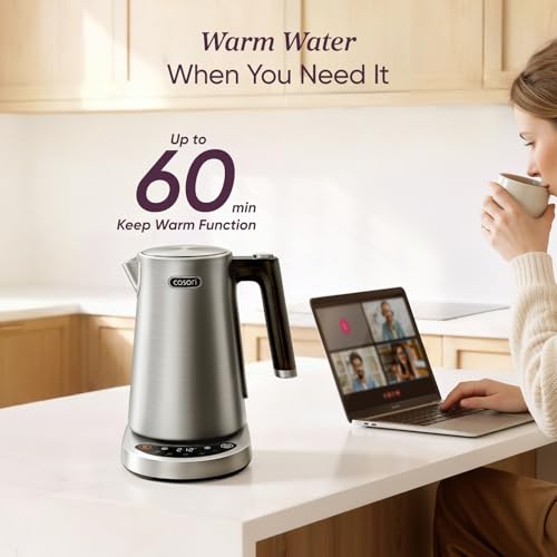 Cosori Electric Kettle, Plastic-Free Interior, 5 Presets ±5℉ Temperature Control, Fast Boiling, 2 Lid Opening, 60Min Keep Warm, Stainless Steel Tea Kettle for Tea, Hot Water, Boil Water, Coffee, 1.7L