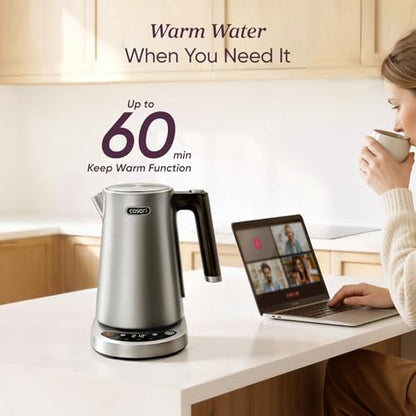 Cosori Electric Kettle, Plastic-Free Interior, 5 Presets ±5℉ Temperature Control, Fast Boiling, 2 Lid Opening, 60Min Keep Warm, Stainless Steel Tea Kettle for Tea, Hot Water, Boil Water, Coffee, 1.7L