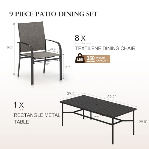 HERA'S HOUSE 9 Pieces Patio Dining Set, 8 x Brown Textilene Patio Chairs and 1 x 83 Large Rectangle Dining Table, Outdoor Furniture Set for Deck Garden Backyard Lawn Poolside