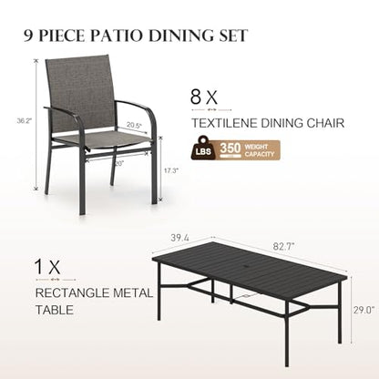 HERA'S HOUSE 9 Pieces Patio Dining Set, 8 x Brown Textilene Patio Chairs and 1 x 83 Large Rectangle Dining Table, Outdoor Furniture Set for Deck Garden Backyard Lawn Poolside