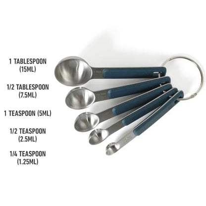 Calphalon Prime Measuring Spoons, Plastic Measuring Spoon Set, 5-Piece Stainless Steel Measuring Spoons Navy Silicone Handle Accurate, Durable for Spices and Small Portions