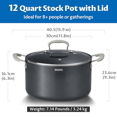 12 Quart Nonstick Stock Pot with Lid, BEZIA Ceramic Big Soup Pot for Holiday Feasts, Cooking Pot with Stay-Cool Silicone Handle, Easy Cleanup, Perfect for Large Gatherings, Gift Giving & Batch Cooking