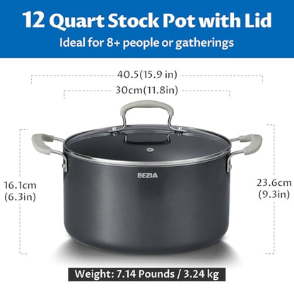 12 Quart Nonstick Stock Pot with Lid, BEZIA Ceramic Big Soup Pot for Holiday Feasts, Cooking Pot with Stay-Cool Silicone Handle, Easy Cleanup, Perfect for Large Gatherings, Gift Giving & Batch Cooking