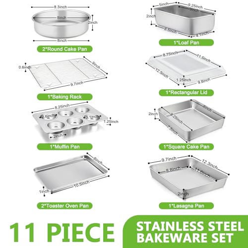Bakeware Sets of 11, P&P CHEF Stainless Steel Baking Pans Set, Includes Baking Sheets and Rack, Lasagna Pan with Lid, Round/Square Cake Pan, Muffin Pans, Loaf Pan, Reusable & Durable