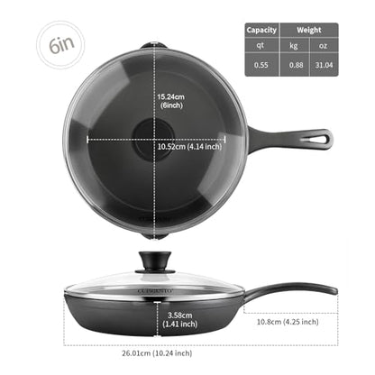 CUISGUSTO 6 Inch Cast Iron Skillet with Tempered Glass Lid, Pre-Seasoned for Even Heating, Silicone Handle Cover & Pan Scraper, Perfect for Single Meals & Side Dishes