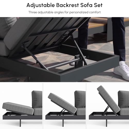 homary Outdoor Conversation Sets, 6 Piece Aluminum & Teak Patio Sectional Sofa Set with Adjustable Backrests, Waterproof Cushions, Ideal for Patios & Balconies