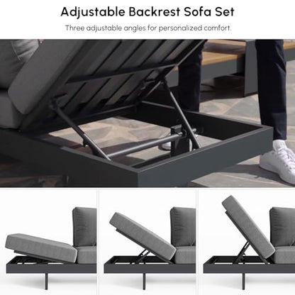 homary Outdoor Conversation Sets, 6 Piece Aluminum & Teak Patio Sectional Sofa Set with Adjustable Backrests, Waterproof Cushions, Ideal for Patios & Balconies