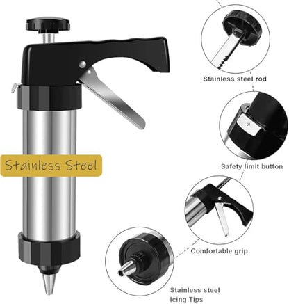 Stainless Steel Cookies Press,Cookie Press Gun Kit with 13 Cookie Discs and 8 Piping Tips, Gift for Women, Christmas Festival Biscuit Maker