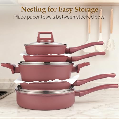 M MELENTA Pots and Pans Set Non Stick, 11-Piece Nonstick Induction Cookware Set, Non-Toxic Kitchen Cooking Set with Frying Pans, Saucepan, Stock Pot, PFOA Free, Red Brown