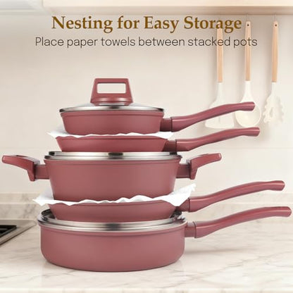 M MELENTA Pots and Pans Set Non Stick, 11-Piece Nonstick Induction Cookware Set, Non-Toxic Kitchen Cooking Set with Frying Pans, Saucepan, Stock Pot, PFOA Free, Red Brown