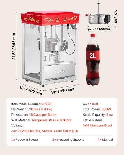 VEVOR Popcorn Machine, 8oz Stainless Steel Kettle, 800W Commercial Countertop Popcorn Maker, 48 Cups per Batch Theater Style Popper, with 2-Button Control Glass Wall PC Door 1 Scoop 3 Spoons, Red