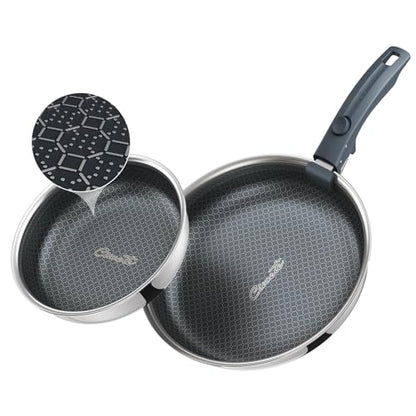 Ciwete Hybrid Non Stick Frying Pans Set 3-Piece, 8 & 9.5 Inch Tri-Ply Stainless Steel Pans Set with Detachable Handle, PFOA Free Kitchen Skillets for All Cooktops, Dishwasher & Oven-Safe Cooking Pan
