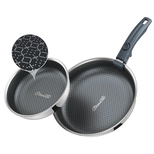 Ciwete Hybrid Non Stick Frying Pans Set 3-Piece, 8 & 9.5 Inch Tri-Ply Stainless Steel Pans Set with Detachable Handle, PFOA Free Kitchen Skillets for All Cooktops, Dishwasher & Oven-Safe Cooking Pan
