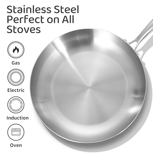 LOLYKITCH 10 Inch Tri-ply Stainless Steel Frying Pan with Lid,Skillet,Induction Cooking Pan,Dishwasher and Oven Safe,Detachable Handle.
