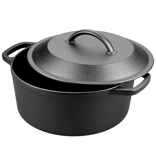 VORRINGARD Pre-Seasoned Cast Iron Dutch Oven with Lid, Round and Dual Handles, for Stovetop, Camping, Grill, Induction, Electric, Black, 3 qt