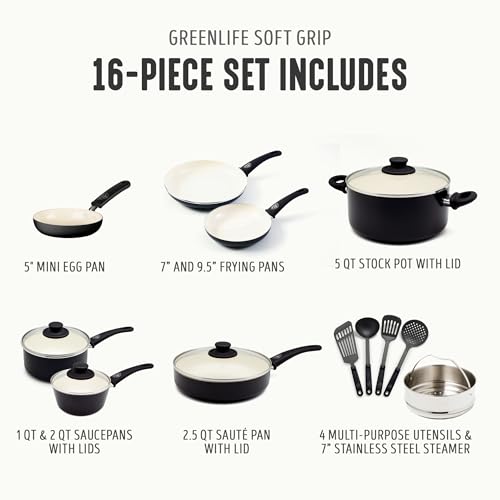 GreenLife 16 Piece Nonstick Cookware Set, Soft Grip Non-Toxic PFAS-Free Ceramic Pots & Pans, Dishwasher & Oven Safe, Frying, Sauce, Utensils, Glass Lids, Stay-Cool Handles, Wobble Free, Black & Cream