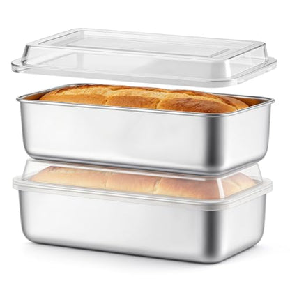 TeamFar Loaf Pans for Baking Bread, 9 x 5 Inch Stainless Steel Bread Loaf Pan with Lid, Meatloaf Pan Tin for Homemade Bread, Brownies, Meal Prep, Storage, Healthy & Dishwasher Safe - Set of 2