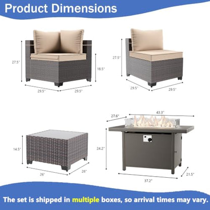 RTDTD 11 Pieces Outdoor Patio Furniture Set,Outdoor Sectional Furniture with 45" 55000 BTU Gas Propane Fire Pit Table,PE Rattan Wicker Patio Conversation Set,Swivel Rocking Chairs Set,Sand