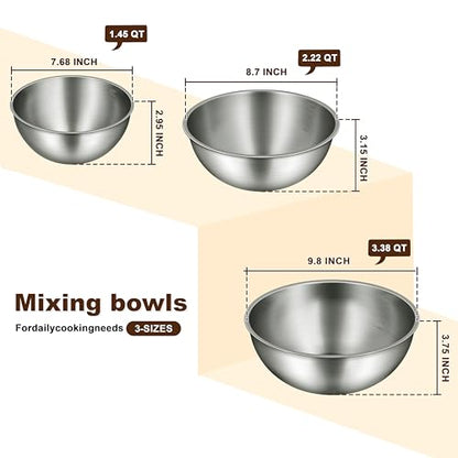 Gronivex Stainless Steel Mixing Bowls Set of 3 (1.5, 2.2 & 3.4 Qt) – Food Grade 304, Thicker-Gauge, Stackable Nesting – Classic Everyday Set for Baking, Salad Prep & Cooking