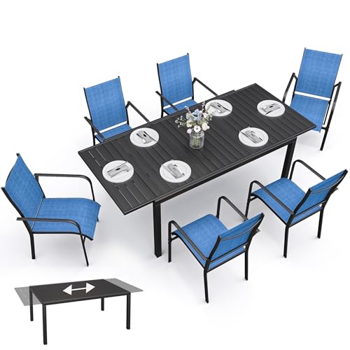 BUPPLEE 7-Piece Patio Dining Set with Expandable Rectangular Table (38"-84"), 6 Textilene Chairs, Outdoor Furniture for Garden, Deck, Backyard, Blue