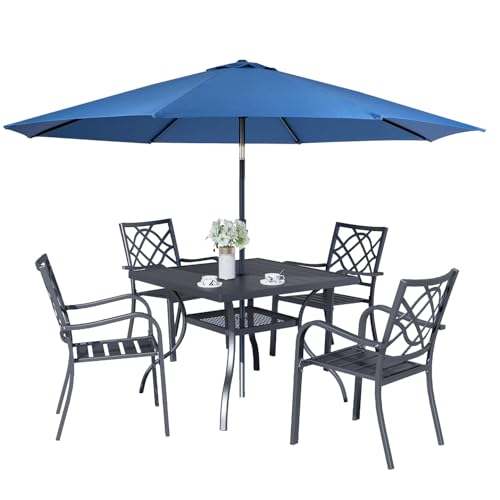 Crownland 5 Piece Patio Dining Set, 4 Stackable Metal Chairs and Square Outdoor Dining Table with 9FT Dark Blue Round Outdoor Umbrella (Metal Tabletop)