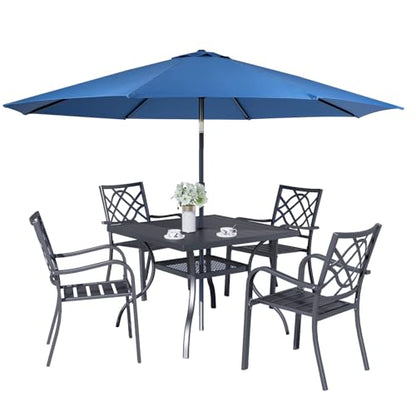 Crownland 5 Piece Patio Dining Set, 4 Stackable Metal Chairs and Square Outdoor Dining Table with 9FT Dark Blue Round Outdoor Umbrella (Metal Tabletop)