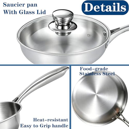1 Quart Saucepan with Lid, 7Inch Mini Saucepan for 1 Person, Stainless Steel Saucier Pan Small Pot for Milk, Oatmeal & Noodles, 900ML