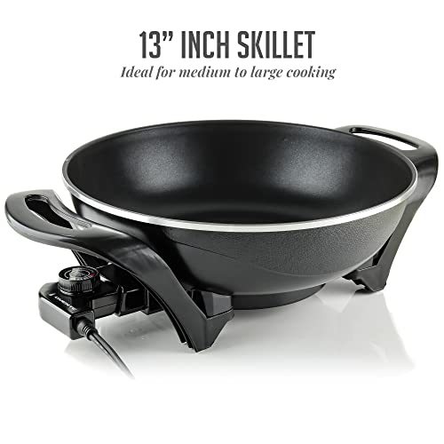 OVENTE Electric Wok with Nonstick Coating, 13 Inch Family-Sized Skillet, 1400W Power, Adjustable Temperature, Tempered Glass Lid, Cool Touch Handles and Easy to Clean Frying Surface, Black SK3113B