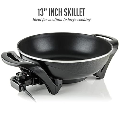 OVENTE Electric Wok with Nonstick Coating, 13 Inch Family-Sized Skillet, 1400W Power, Adjustable Temperature, Tempered Glass Lid, Cool Touch Handles and Easy to Clean Frying Surface, Black SK3113B