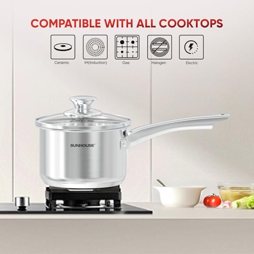 Sunhouse 1.5 QT Stainless Steel Sauce Pan with Lid, Small Pot for Cooking, PFOA-Free, Advanced Impact Bonding Induction Base Mini Saucepan, Compatible with Induction, Ceramic, Gas