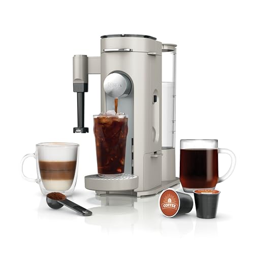Ninja Pod and Grounds Specialty Single Serve Coffee Maker, K-Cup Pod Compatible, Brews, Compact Design, Built-in Milk Frother, 56 Ounces Reservoir, 6 Ounces Cup to 24 Ounces Mug Sizes, Stone, PB051ST