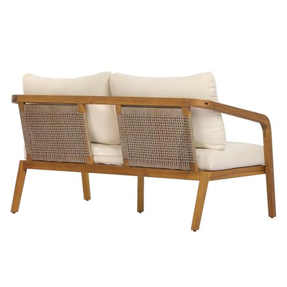 2-Piece Outdoor Loveseat & Coffee Table Set, Acacia Wood Patio Furniture with PE Wicker Backrest, High-Resilience Cushions, 800 lbs Capacity, for Patio Backyard Sunroom Poolside