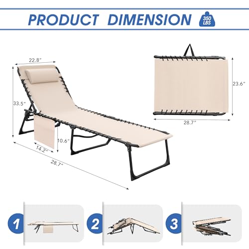 Flamaker Foldable Chaise Lounge Chair 5-Position Adjustable, Outdoor Tanning Chair with Side Pocket Sunbathing Recliner for Pool, Beach, Patio, Lawn(Beige, 1Pcs)