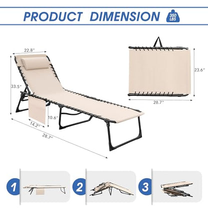 Flamaker Foldable Chaise Lounge Chair 5-Position Adjustable, Outdoor Tanning Chair with Side Pocket Sunbathing Recliner for Pool, Beach, Patio, Lawn(Beige, 1Pcs)