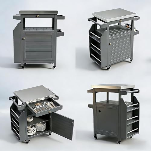 Girarvs Outdoor Grill Cart with 304 Stainless Steel Tabletop and Storage Cabinets, Movable Kitchen Island with 360 Lockable Wheels for BBQ Food Prep, Solid Wood Outdoor Kitchen Station(Dark Gray)