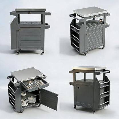 Girarvs Outdoor Grill Cart with 304 Stainless Steel Tabletop and Storage Cabinets, Movable Kitchen Island with 360 Lockable Wheels for BBQ Food Prep, Solid Wood Outdoor Kitchen Station(Dark Gray)