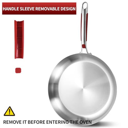 Inqibee 13-Inch Tri-Ply Stainless Steel Frying Pan with Lid and Helper Handle,Skillet,Induction Cooking Pan,Heavy Duty and Detachable Handle.