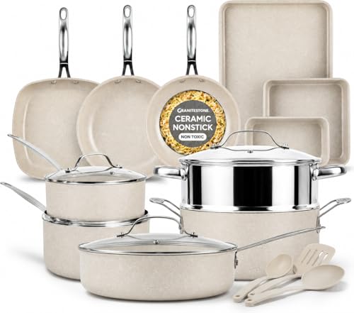 Granitestone Ceraluxe 20 Pc Ceramic Cookware Set Nonstick, Complete Pots and Pans Set Non Stick for Kitchen with Bakeware, Utensils & Steamer, Non Toxic Made Without PFOA PFOS, Oven & Dishwasher Safe