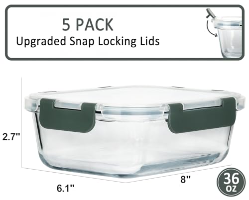 M MCIRCO [5-Packs, 36 Oz Glass Meal Prep Containers with Snap Locking Lids Glass Food Containers,Airtight Lunch Container,Microwave, Oven, Freezer and Dishwasher (4.5 Cup)