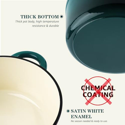 Overmont Enameled Cast Iron Dutch Oven - 7QT Pot with Lid Cookbook & Cotton Potholders - Heavy-Duty Cookware for Braising, Stews, Roasting, Sourdough Baking bottle green