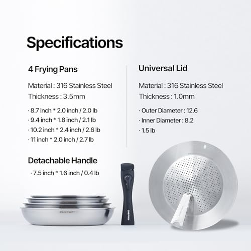 Chefwin 316 Stainless Steel Removable Handle Cookware, 5-Ply Stackable Cookware Set, 6-Piece Pans with Universal Lid, Induction Compatible, Oven & Dishwasher Safe