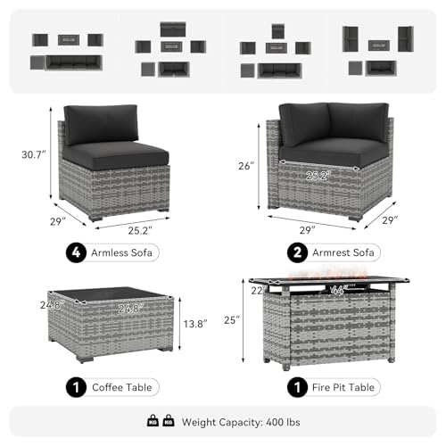 8-Piece Wicker Outdoor Patio Furniture Set with 44" Fire Pit Table