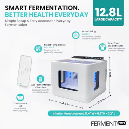 FermentPro 12.8L Smart Yogurt Maker Machine & Fermentation Kit, Kombucha, Kimchi, Natto, tempeh, Sourdough Maker, Temp Control 50-115°F, Timer 1 Hr -30 Day, Post-Ferment Cooling