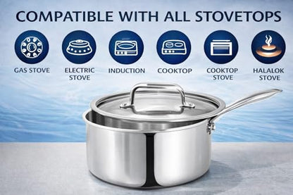 Stainless Steel Sauce Pan with Lid 3 Quart Non Stick Pan Easy to Clean For Home Kitchen Restaurant Multipurpose Use (Silver 7.87 inches)